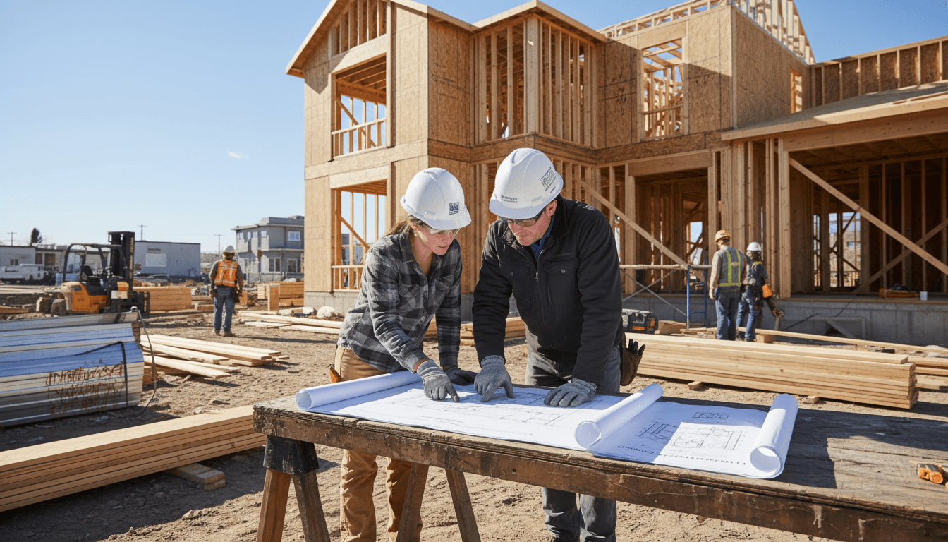Real estate agent and construction supervisor reviewing project blueprints on a home renovation site