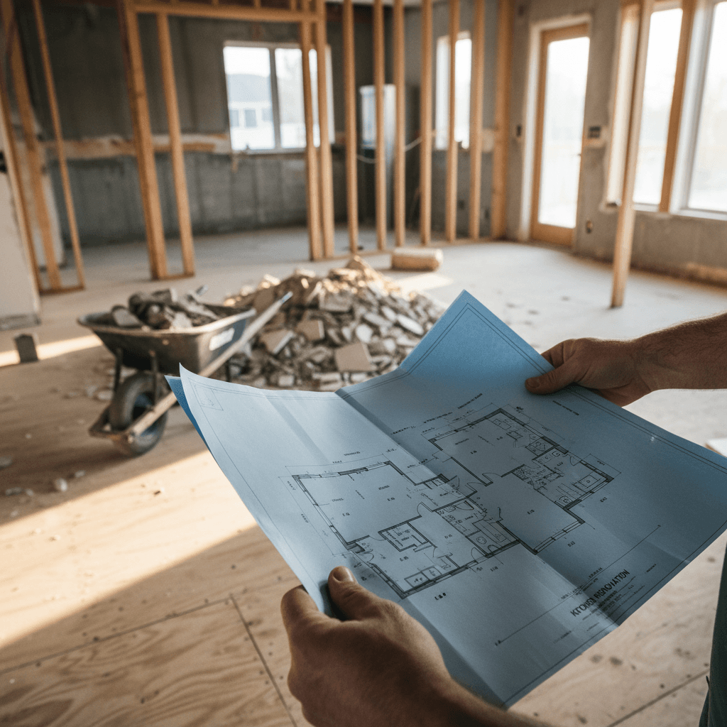 Contractor reviewing renovation blueprints on active flip project