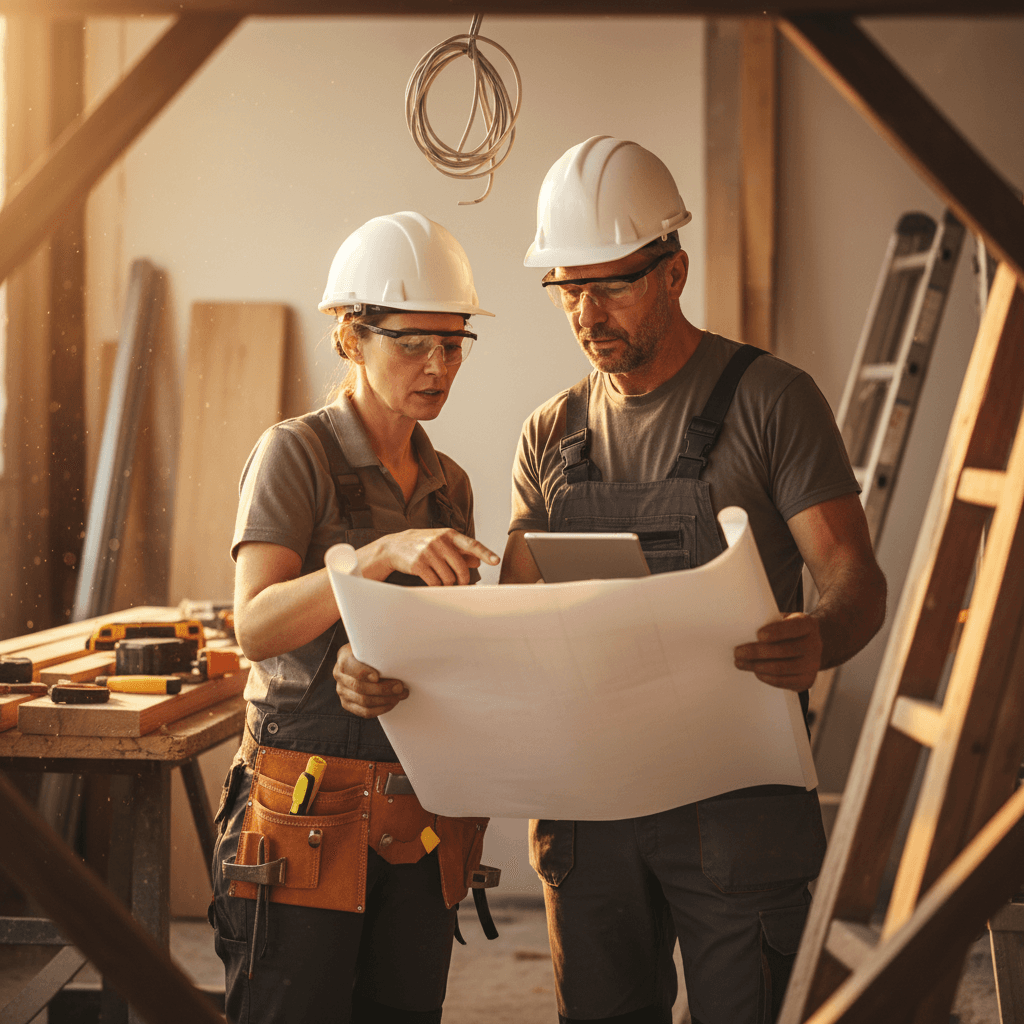 Construction professional reviewing renovation scope and plans on active job site