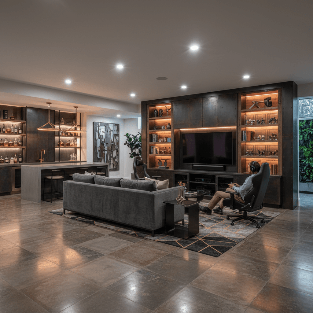 Spacious basement recreation room with premium finishes