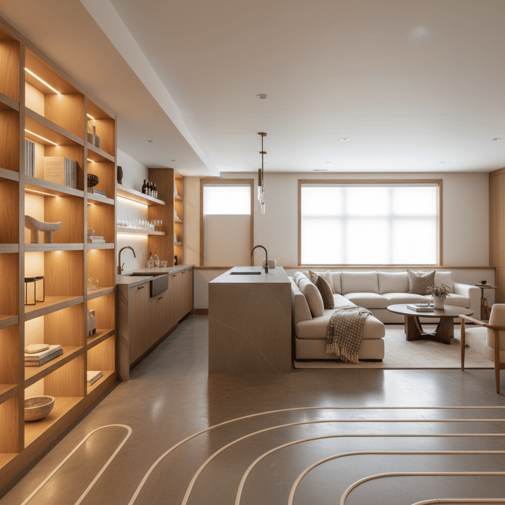 Modern luxury basement with polished concrete floors and custom built-ins