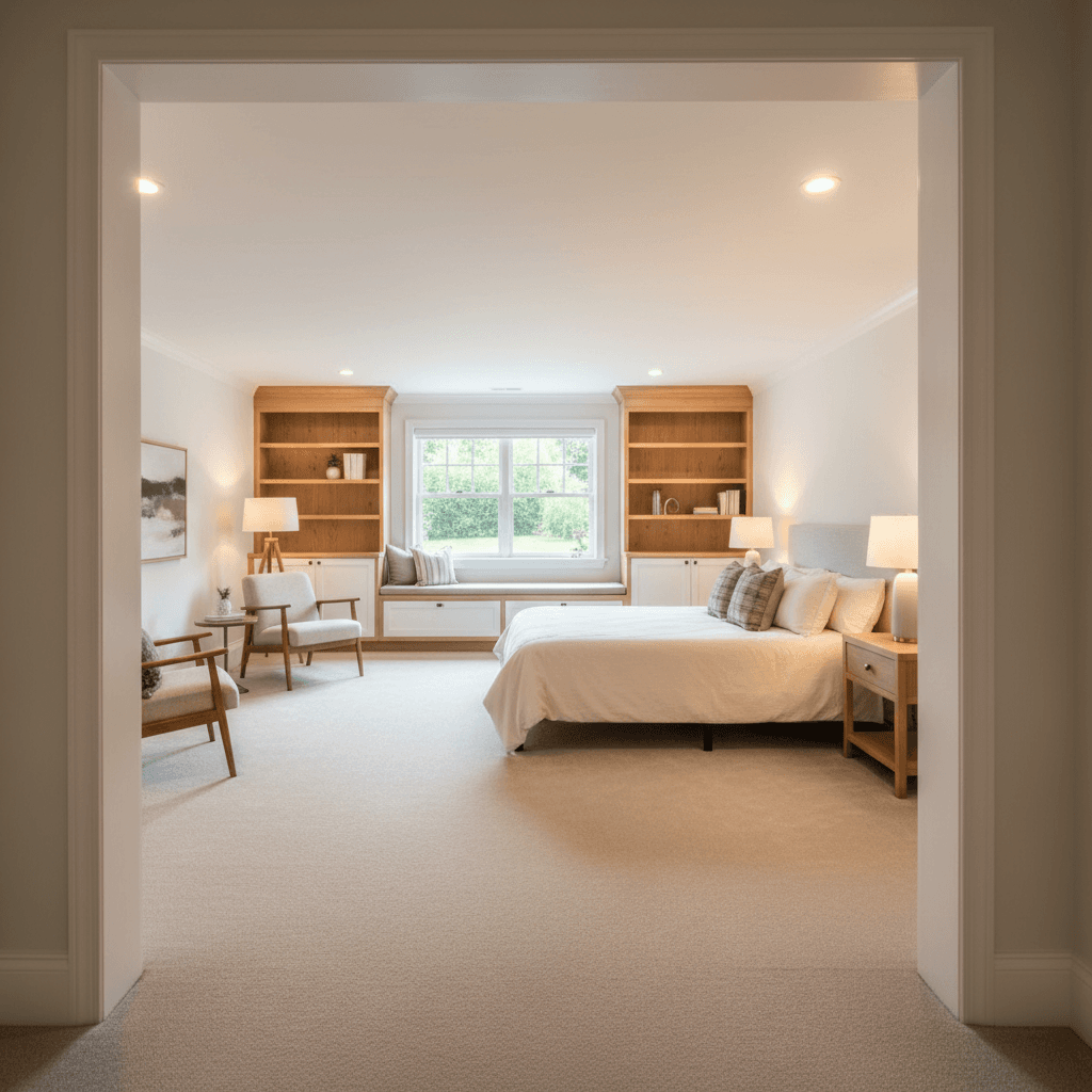 Finished basement bedroom with egress window and built-in storage