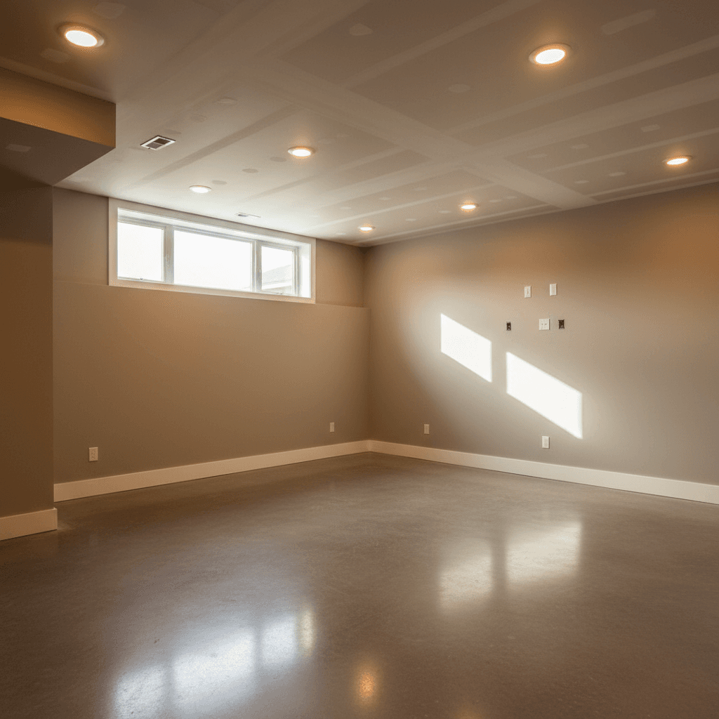 Finished basement with drywall, paint, and modern lighting