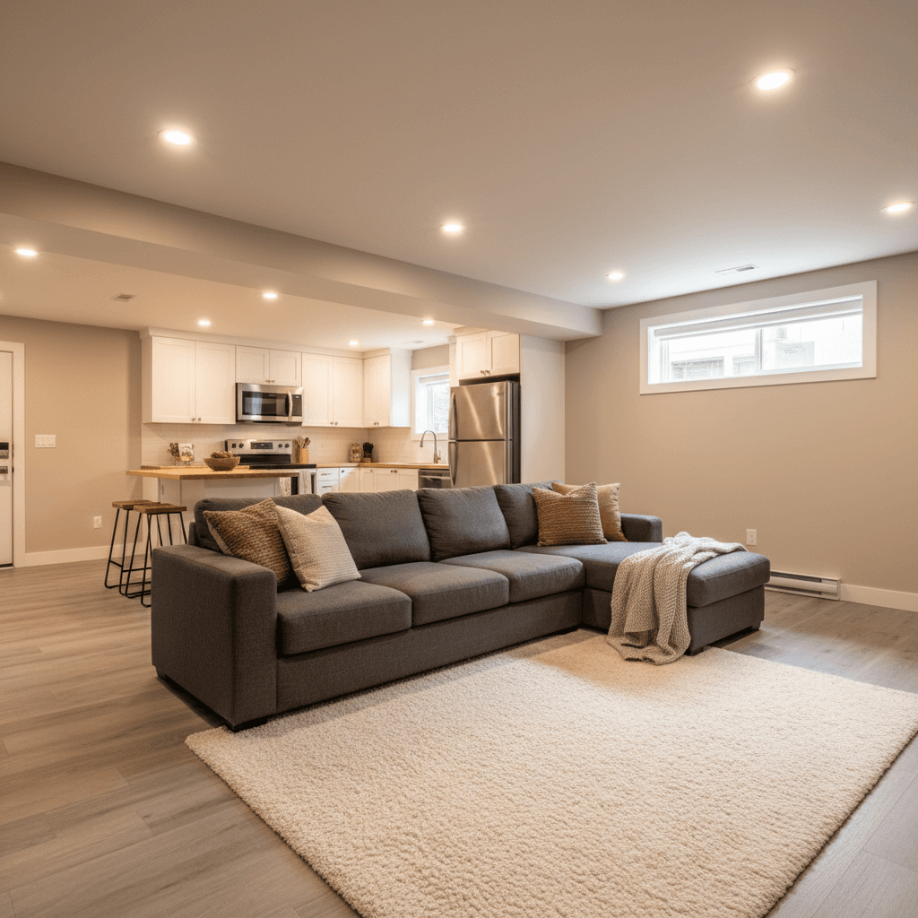Finished basement apartment with modern furnishings and warm lighting