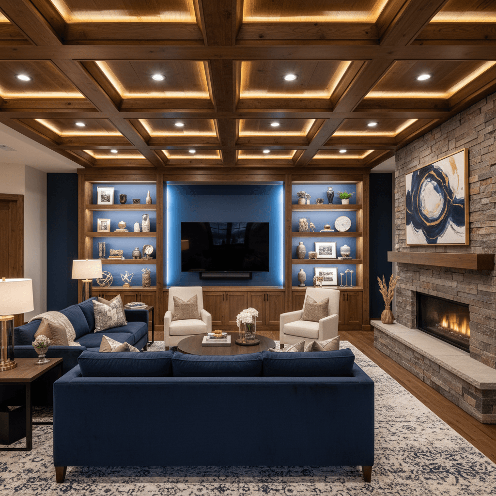 Upscale basement recreation room with custom entertainment wall