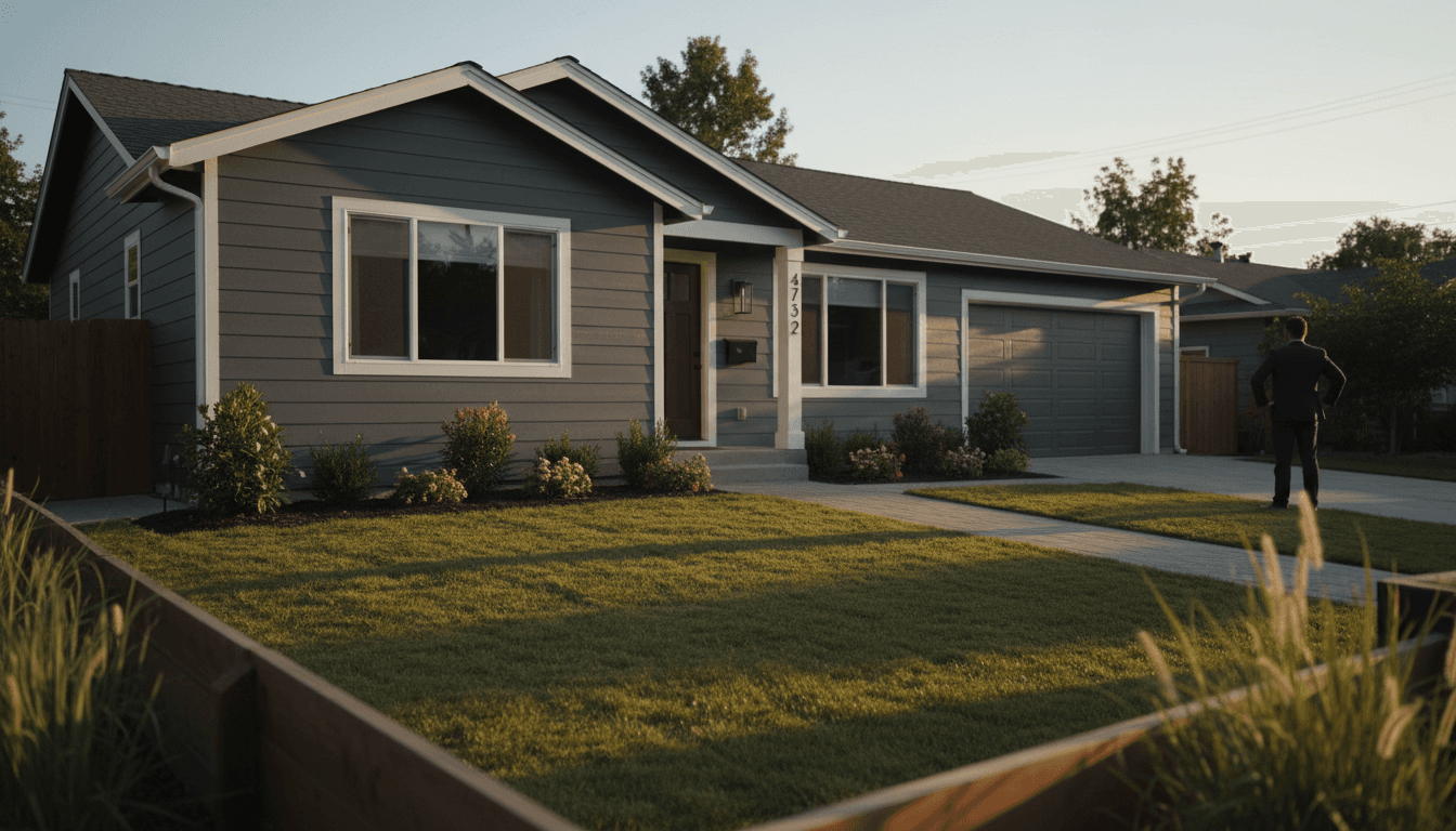 Completed home flip with finished exterior and landscaping in warm afternoon light