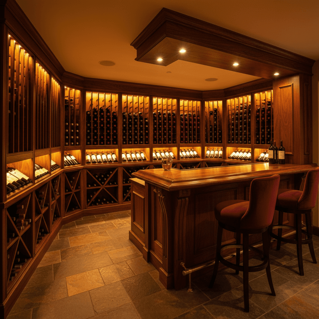 Wine cellar with custom bar and ambient luxury lighting
