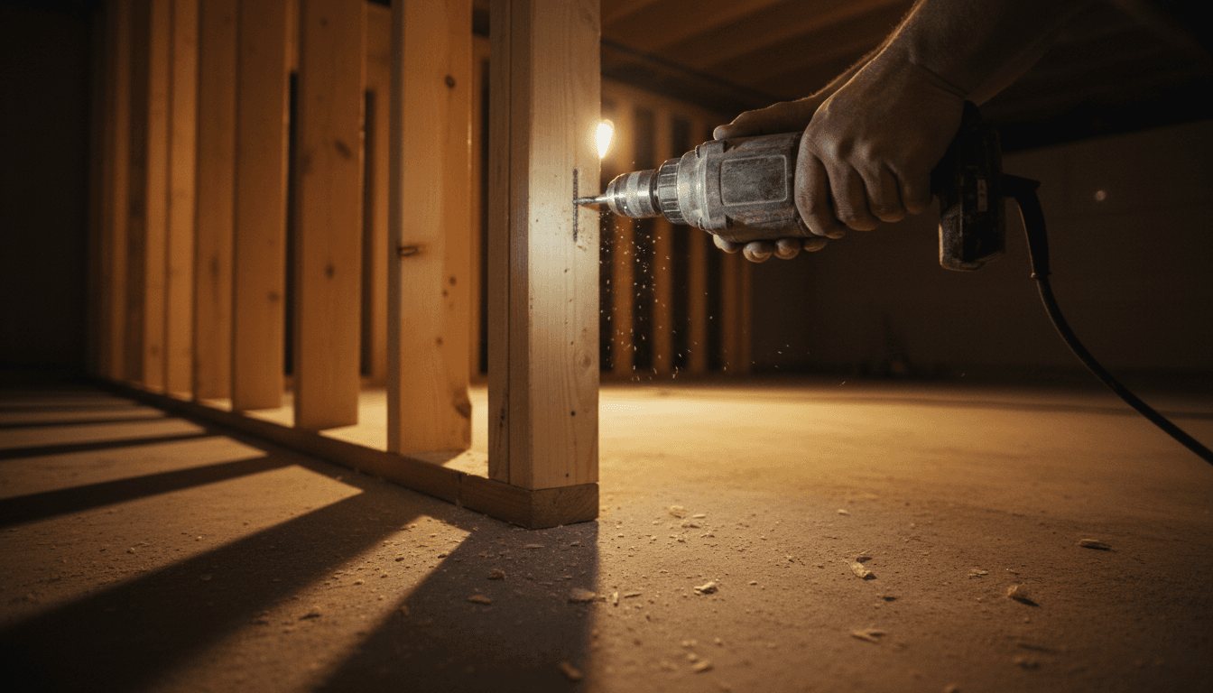 Contractor operating power drill on basement wall framing during I-ADU conversion project
