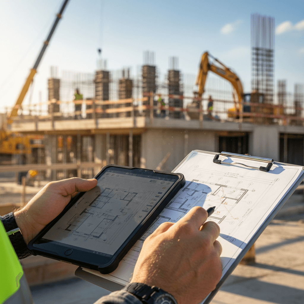 Contractor reviewing project specifications with careful attention to detail