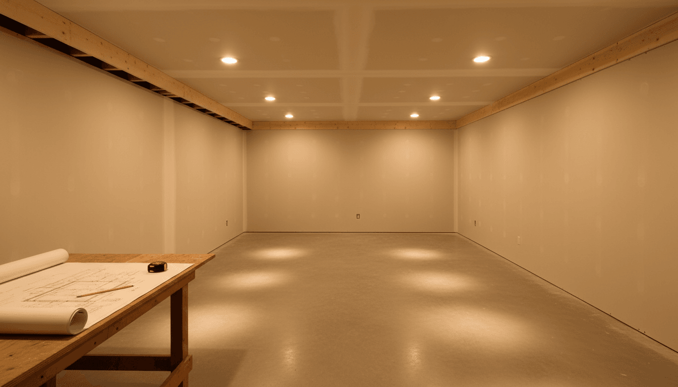 Finished basement interior with polished flooring and professional lighting, ready for final details