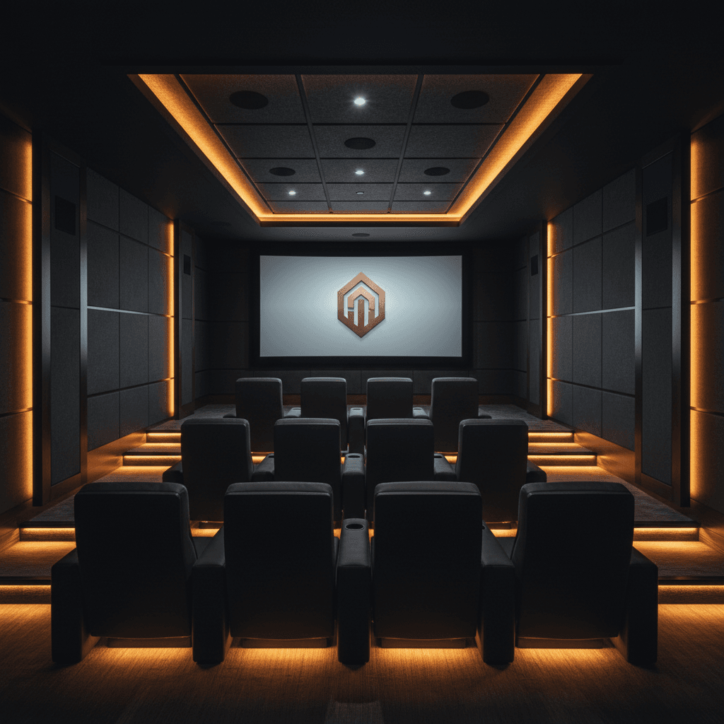 Luxury home cinema in a finished basement with premium seating and ambient lighting