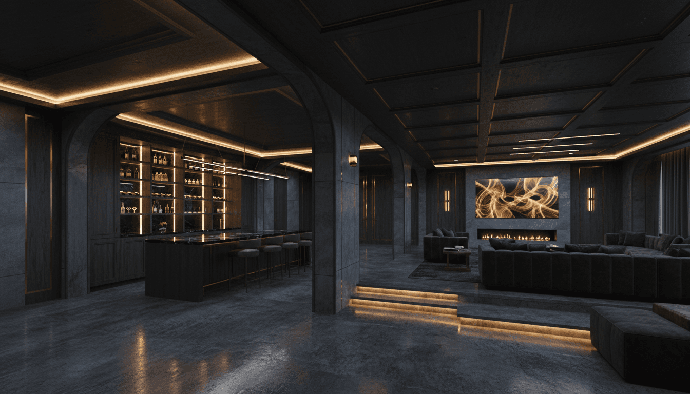 Finished luxury basement suite with wine bar, premium lighting, and sophisticated finishes