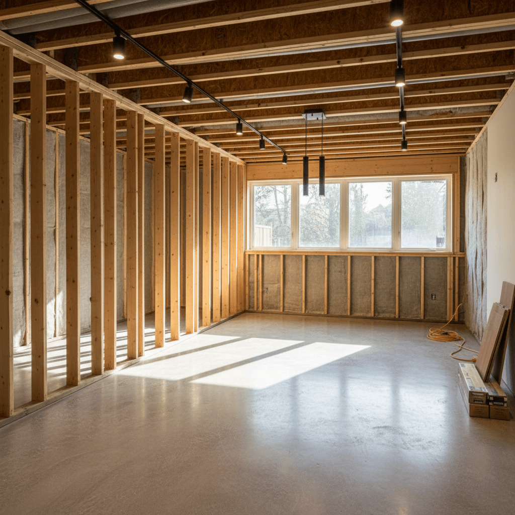 Finished basement renovation space with professional lighting and polished flooring