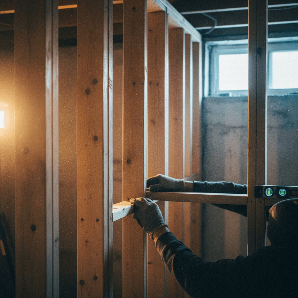 Basement framing in progress with construction crew