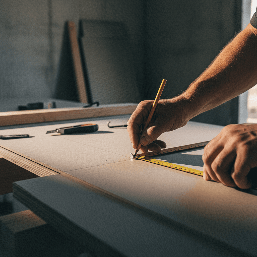 Construction worker measuring and marking during basement renovation