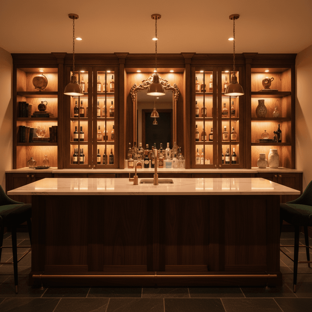 Custom-built basement bar with premium finishes and professional lighting