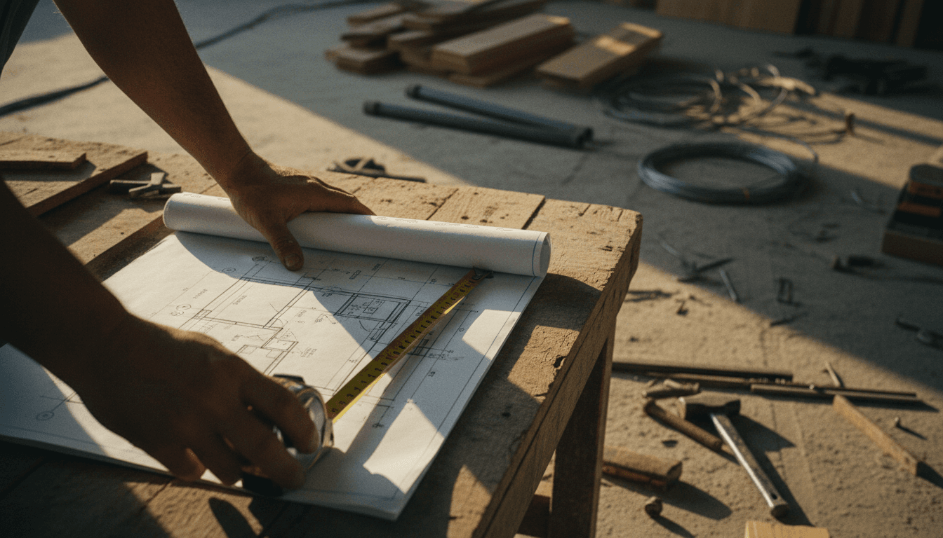 Contractor reviewing blueprints and measurements on a job site