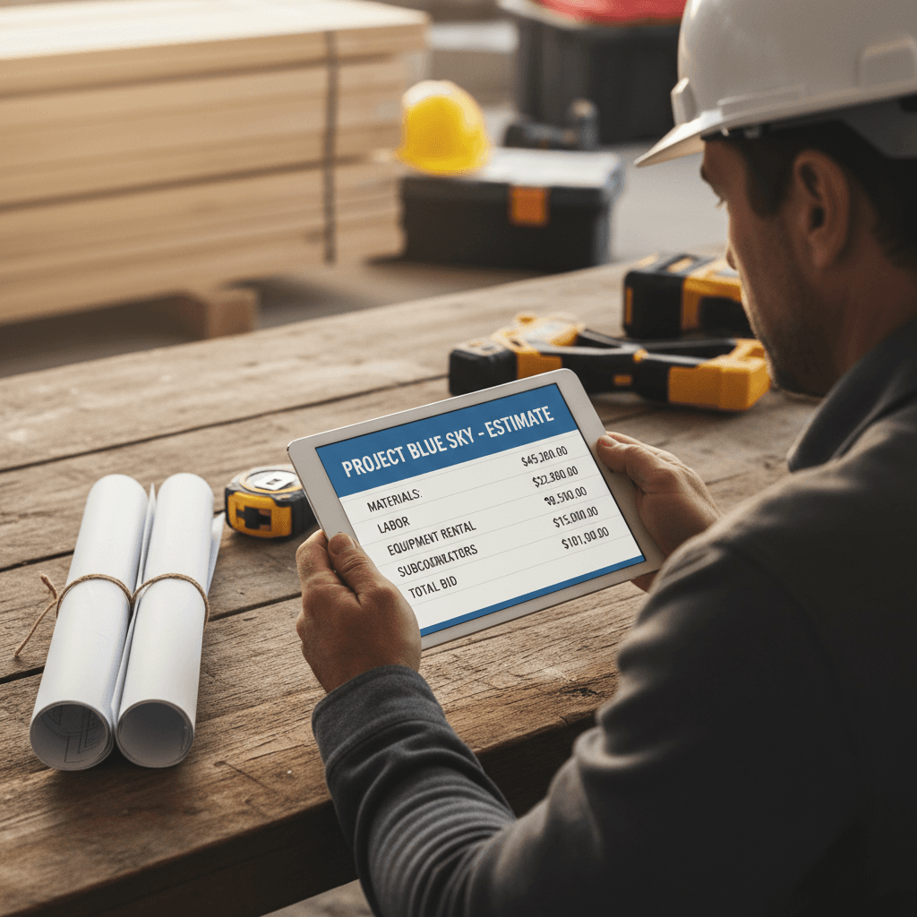Construction professional reviewing detailed project estimate on tablet at job site