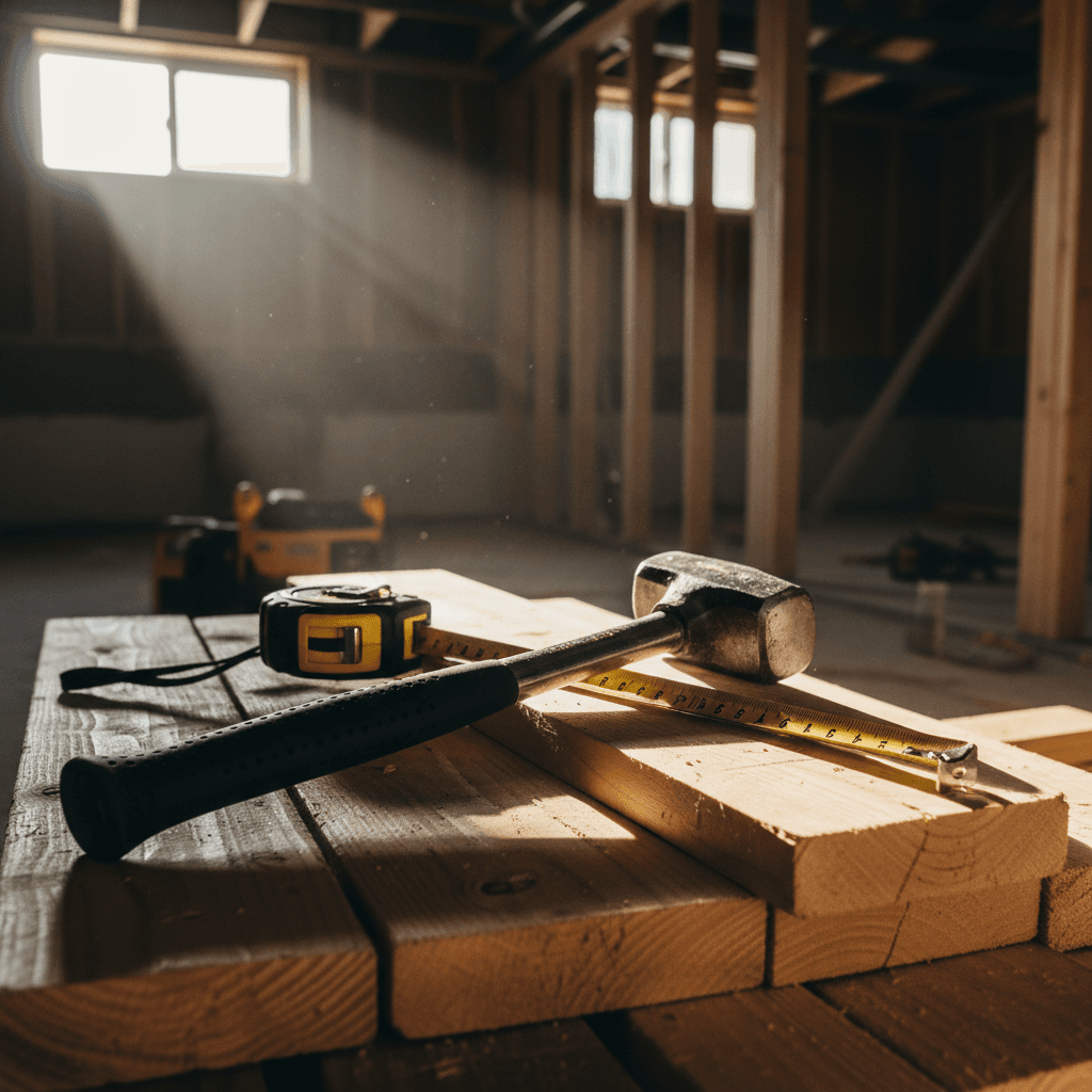 Construction tools and framing materials on a basement finishing project