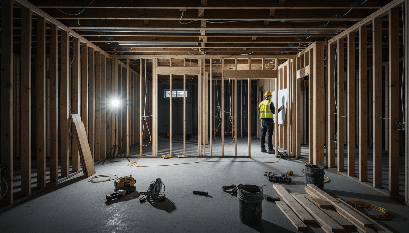 Professional basement remodel under construction showing quality materials and careful workmanship