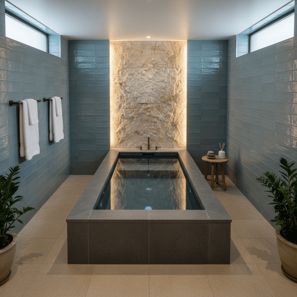 Luxury wellness area with soaking tub and spa finishes