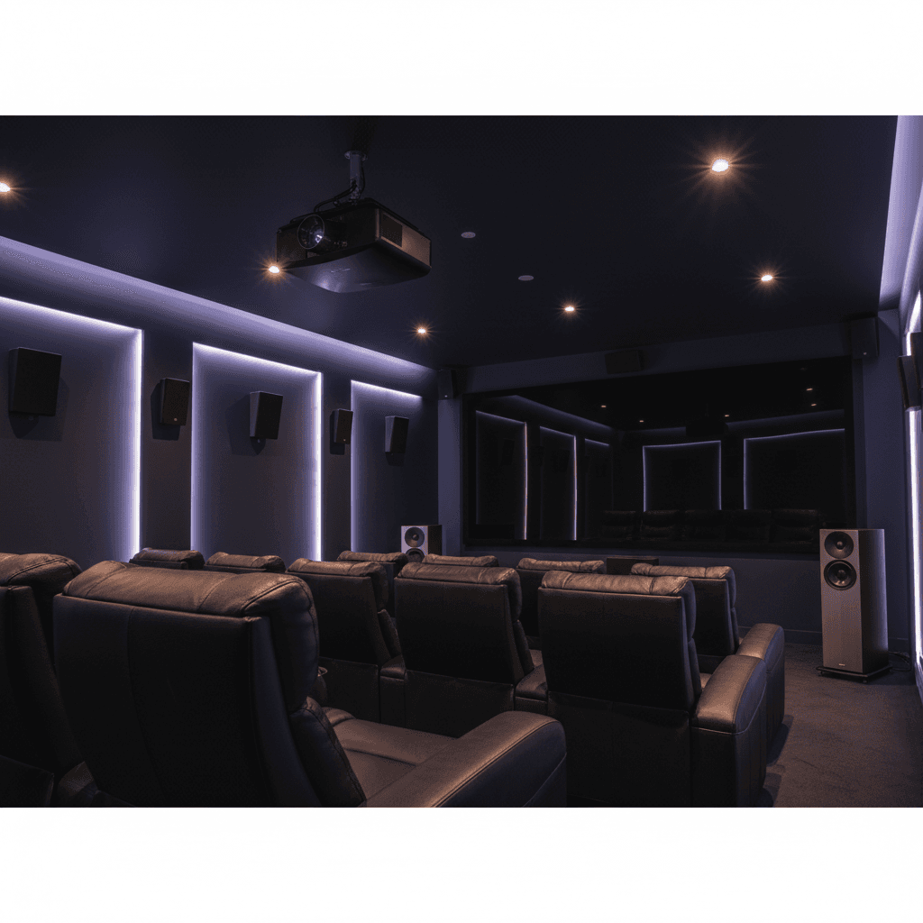 Home cinema with premium leather seating and theatrical lighting