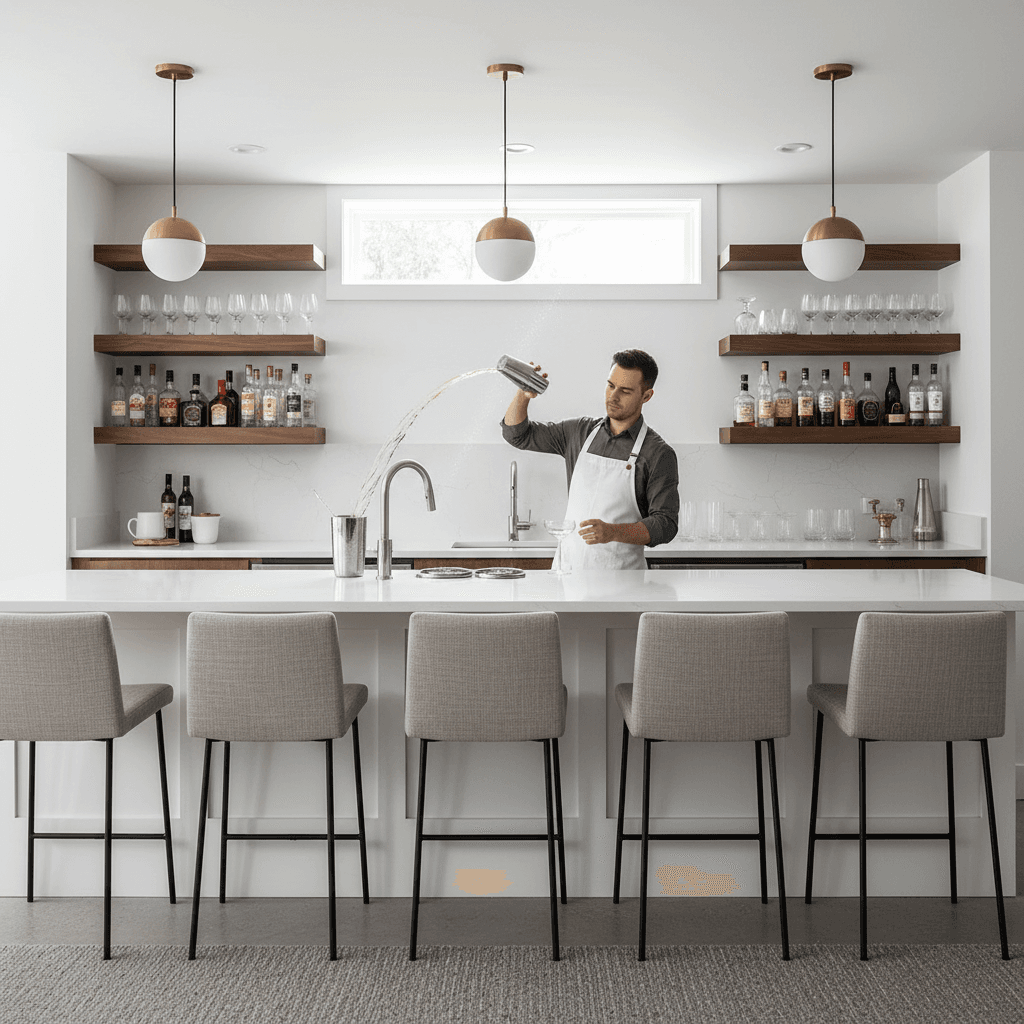 Modern basement bar with quartz countertops and professional setup