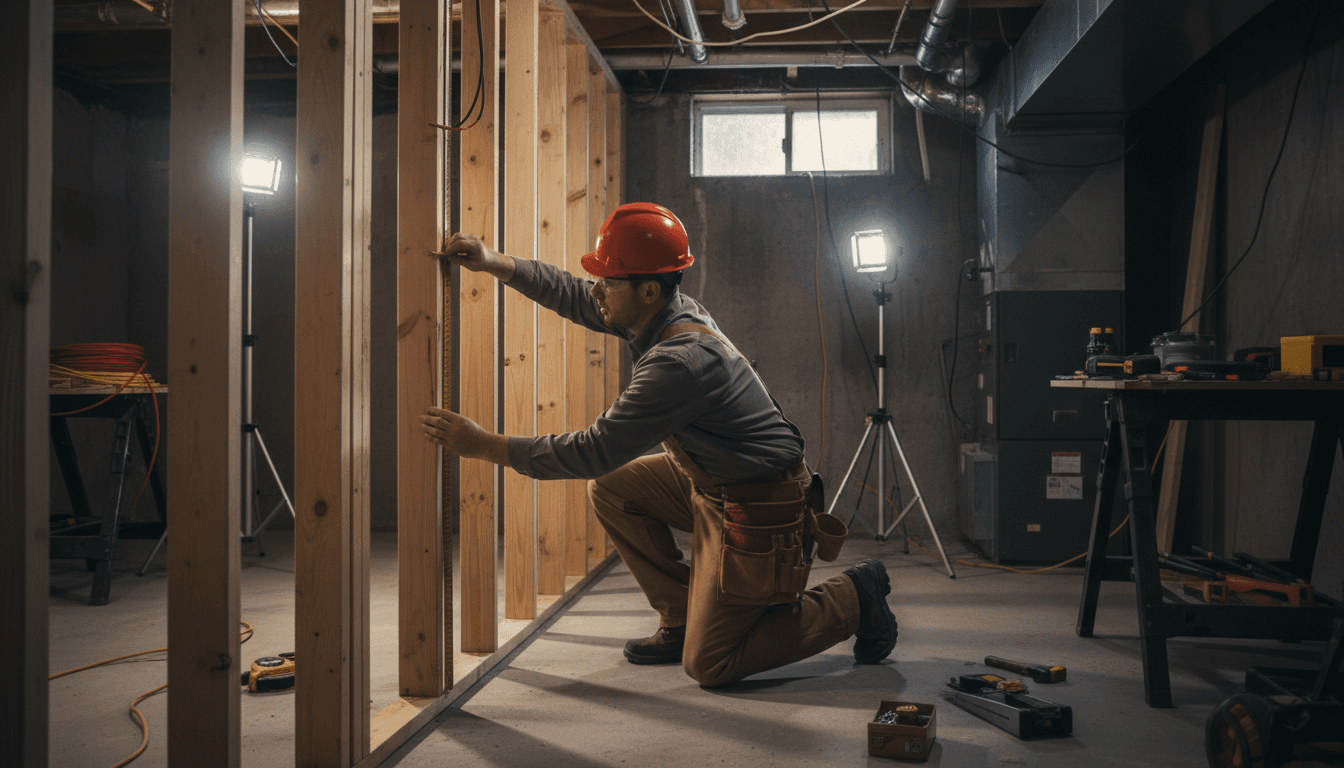Contractor performing structural work during basement I-ADU conversion