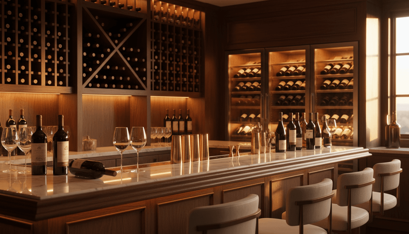 Premium wine cellar and bar area with custom cabinetry and sophisticated lighting