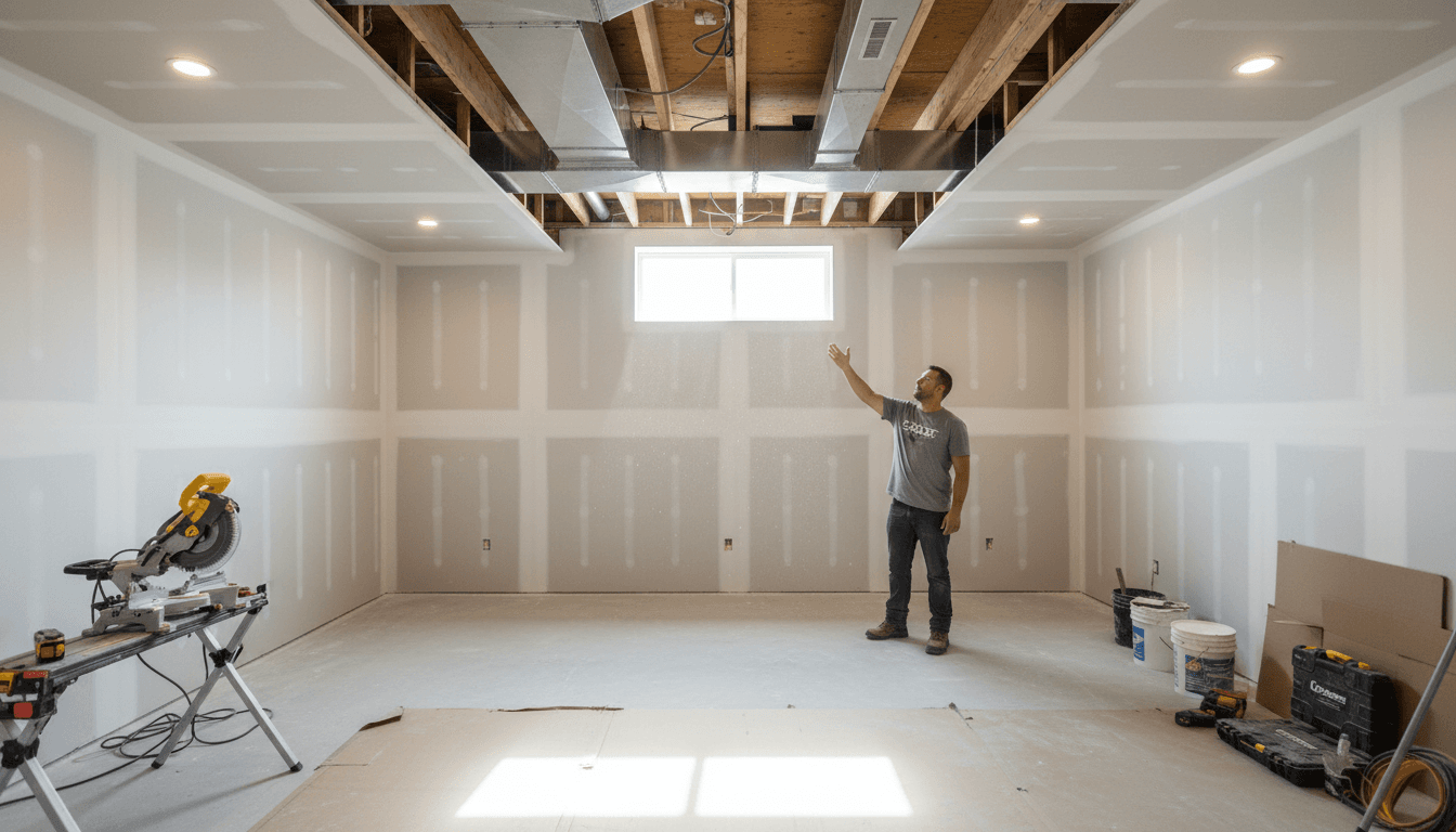 Completed basement renovation showcasing professional finishing work