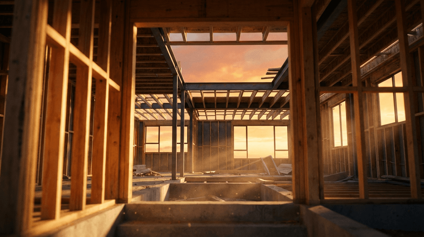 Construction worker measuring basement framing during a Westlake home renovation project