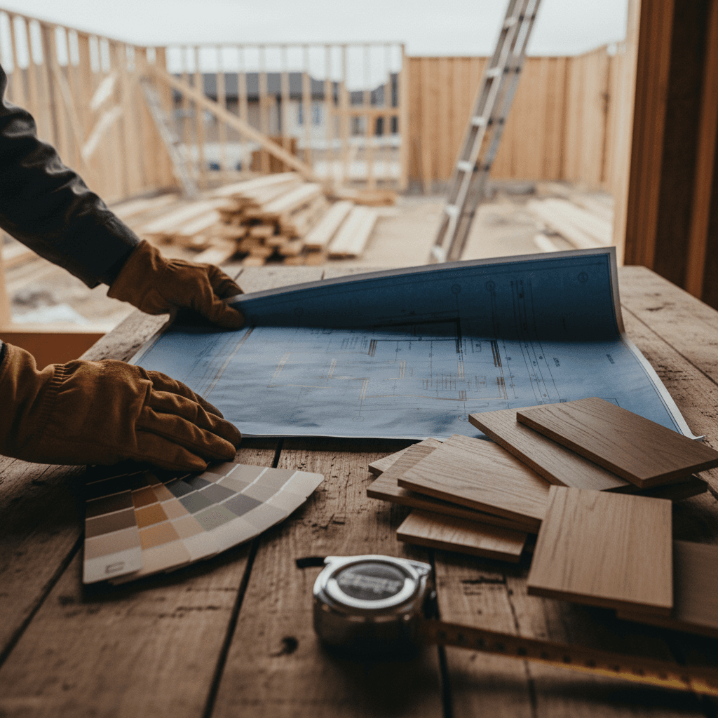 Contractor reviewing construction blueprints and measurements on a jobsite