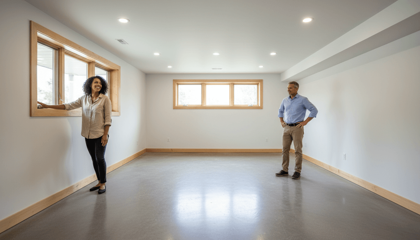 Finished basement with drywall, recessed lighting, and polished concrete floors