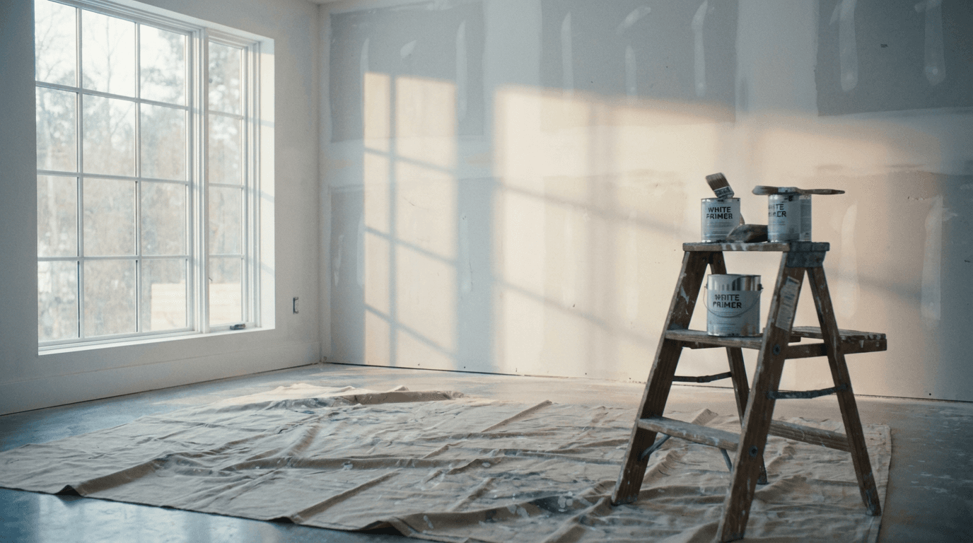 Home flip remodel workspace with materials and staging