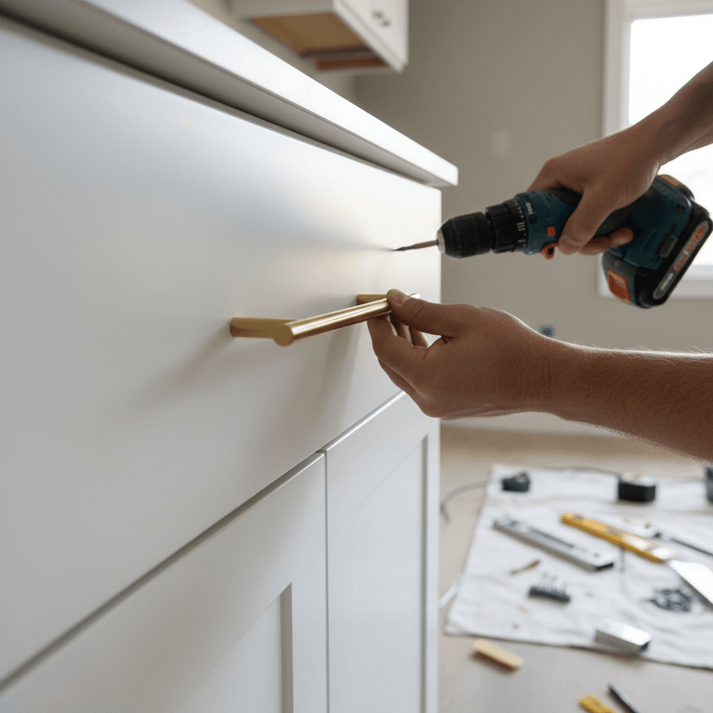 Kitchen renovation with new cabinets, countertops, and tile backsplash