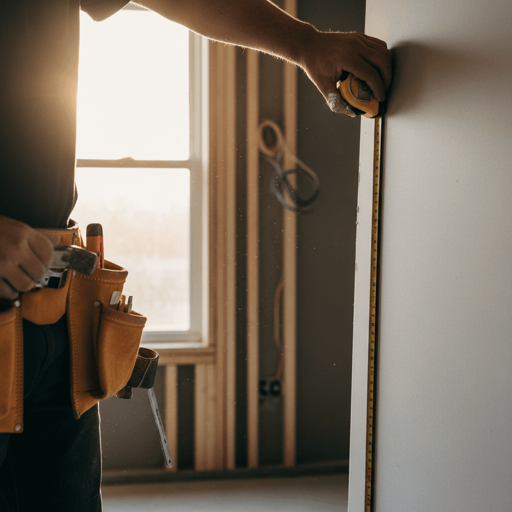 Contractor measuring and framing during home flip renovation