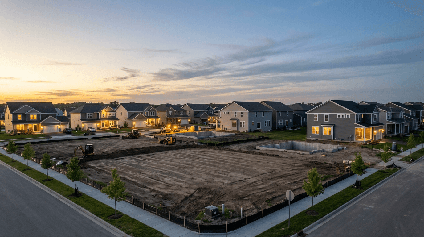Active residential construction site showing framing and organized materials