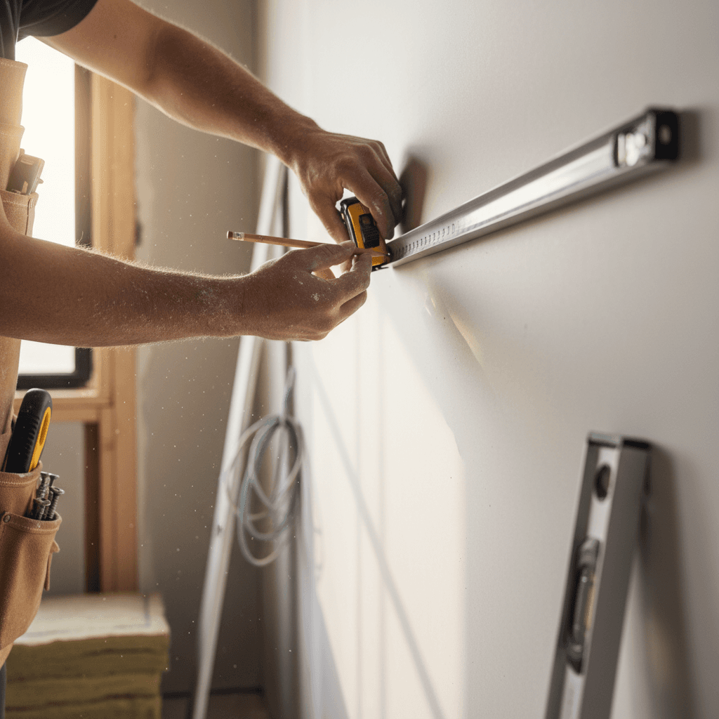 Contractor measuring and marking basement wall framing with precision